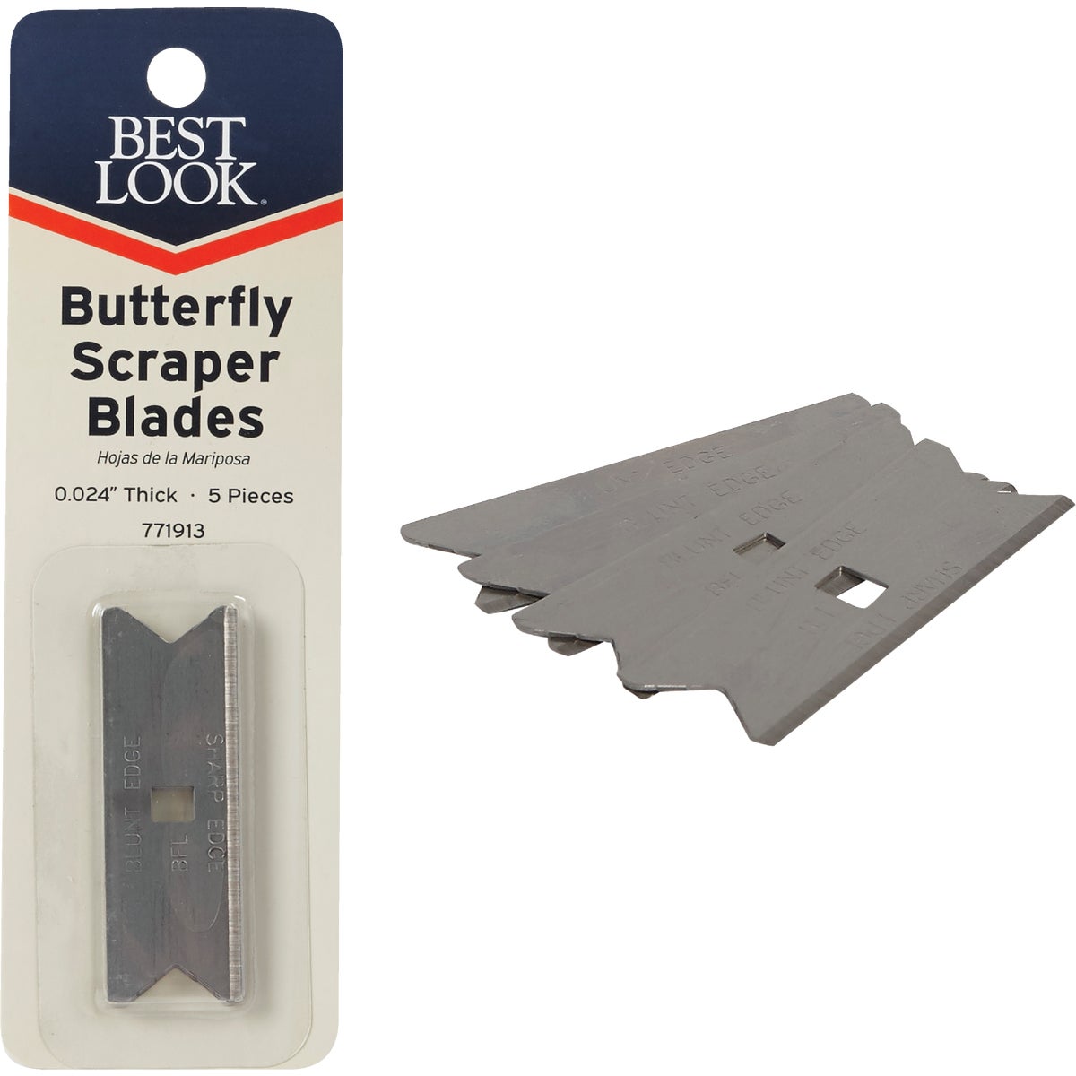 Item 771913, The double-edge Butterfly Scraper Blades have a sharp edge for glass and 