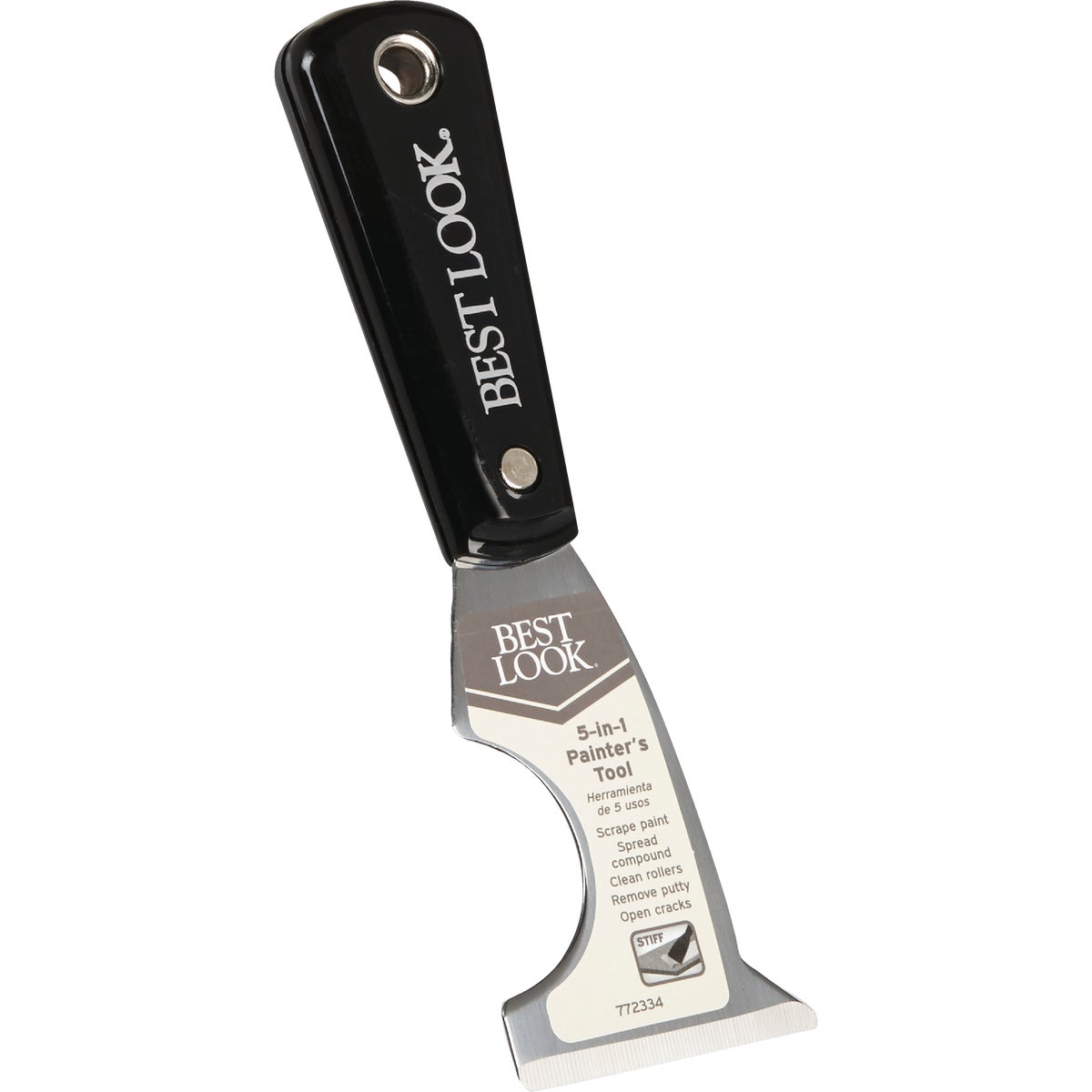 Item 772334, 5-in-1 multi-tool has a mirror finish, solvent resistant blade and a nylon 