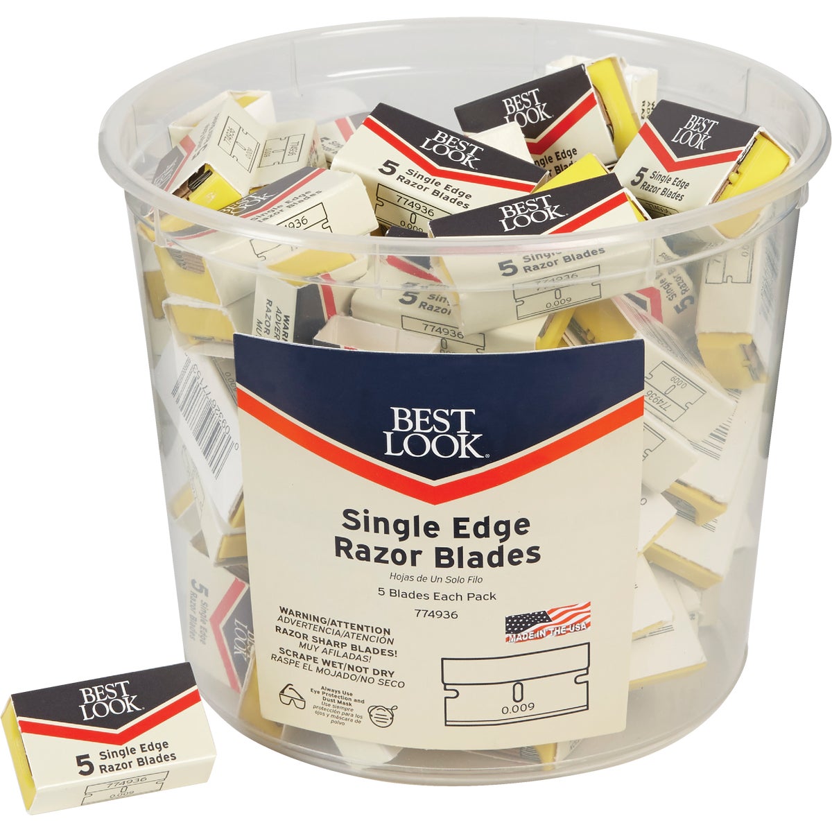 Item 774936, The single-edge, high carbon steel razor blades have a reinforced back and 