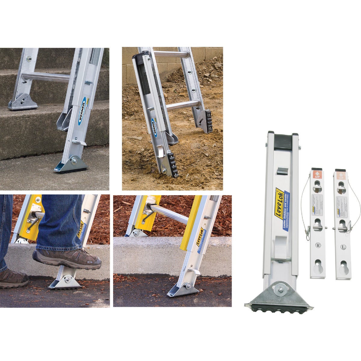 Item 786284, Levelok leveler with 2 base attachments will provide safety on uneven 