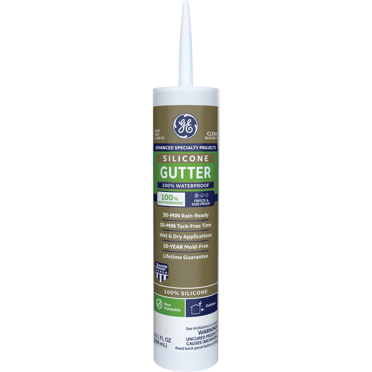Item 790123, GE Gutter sealant is a high-performance, 100% silicone and 100% waterproof 