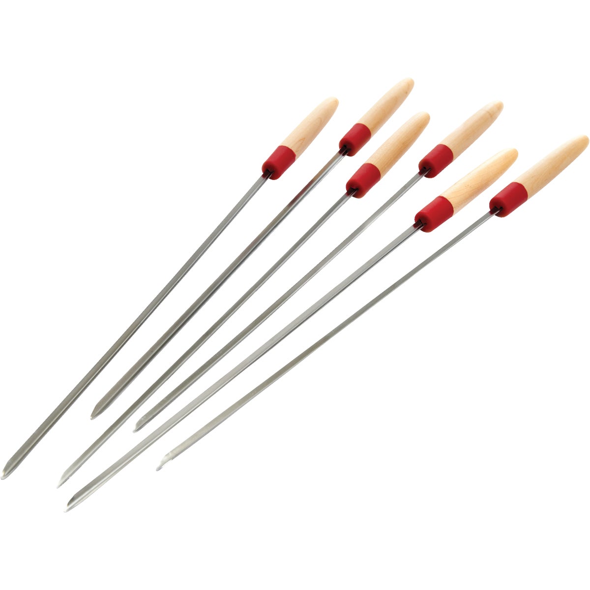 Item 800083, Set of 6 stainless steel skewers with wood handles and silicone bezels.