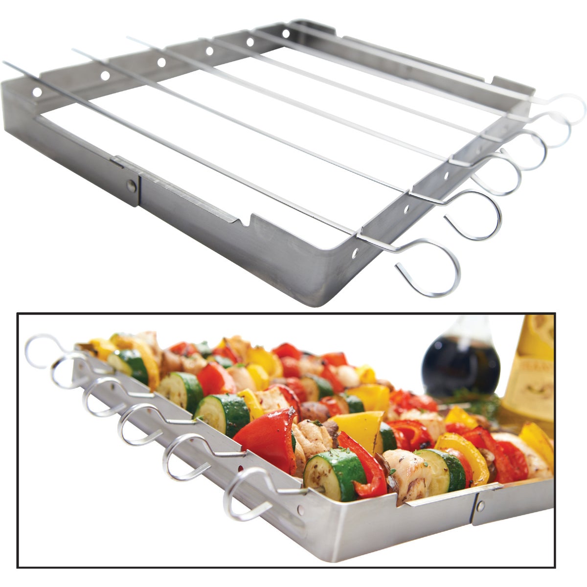 Item 800085, Folding stainless steel kebab rack (Shish Kebab set) with 6 stainless steel