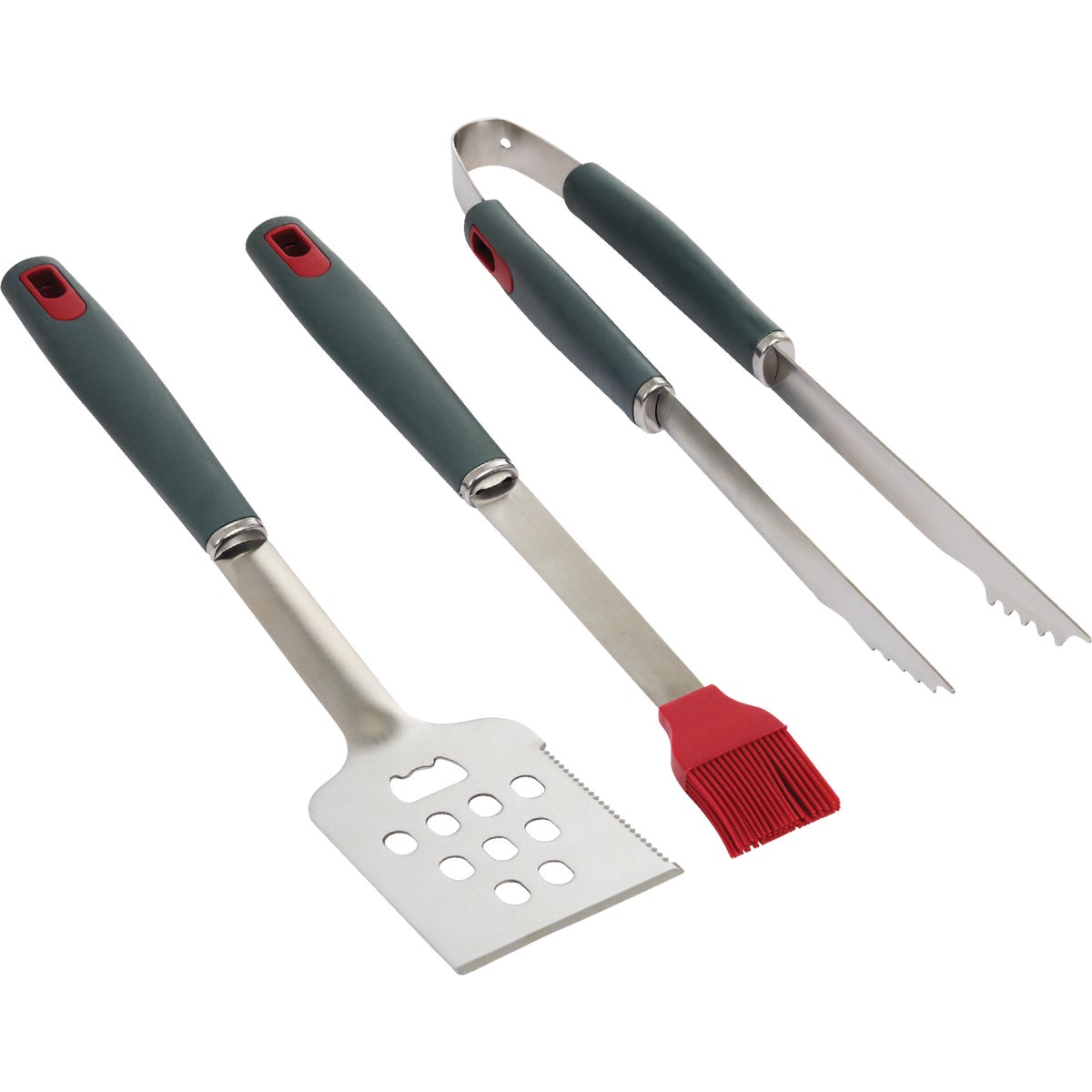 Item 800087, 3-piece stainless steel set includes turner, tong, and silicone tip basting
