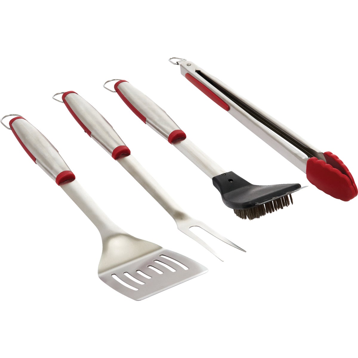 Item 800091, 4-piece set includes turner, tong, fork, and grill brush with stainless 