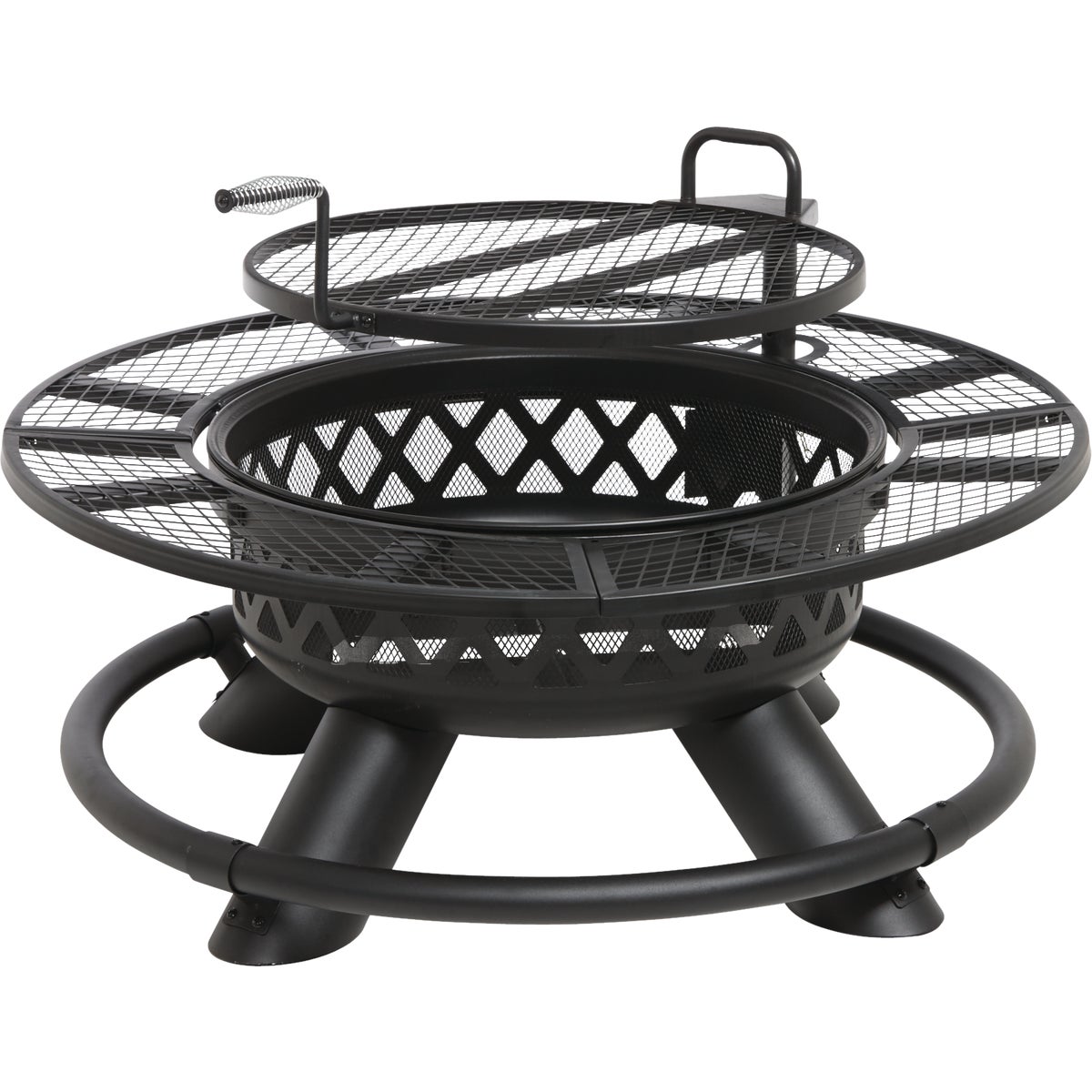 Item 800477, Camp fire pit has a heavy duty metal cooking grate for grilling.