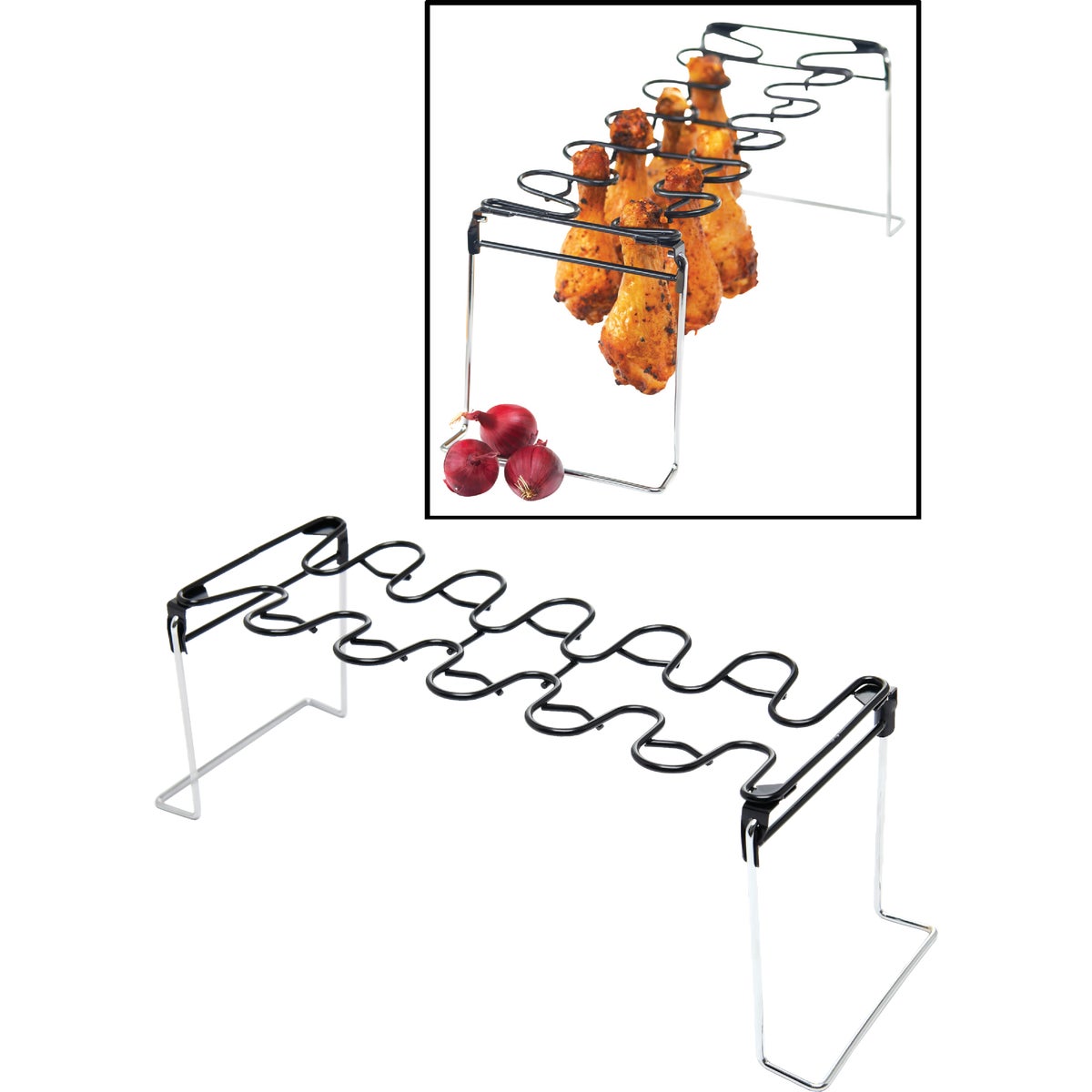 Item 800800, Nonstick coated wire wing and leg rack with folding legs.