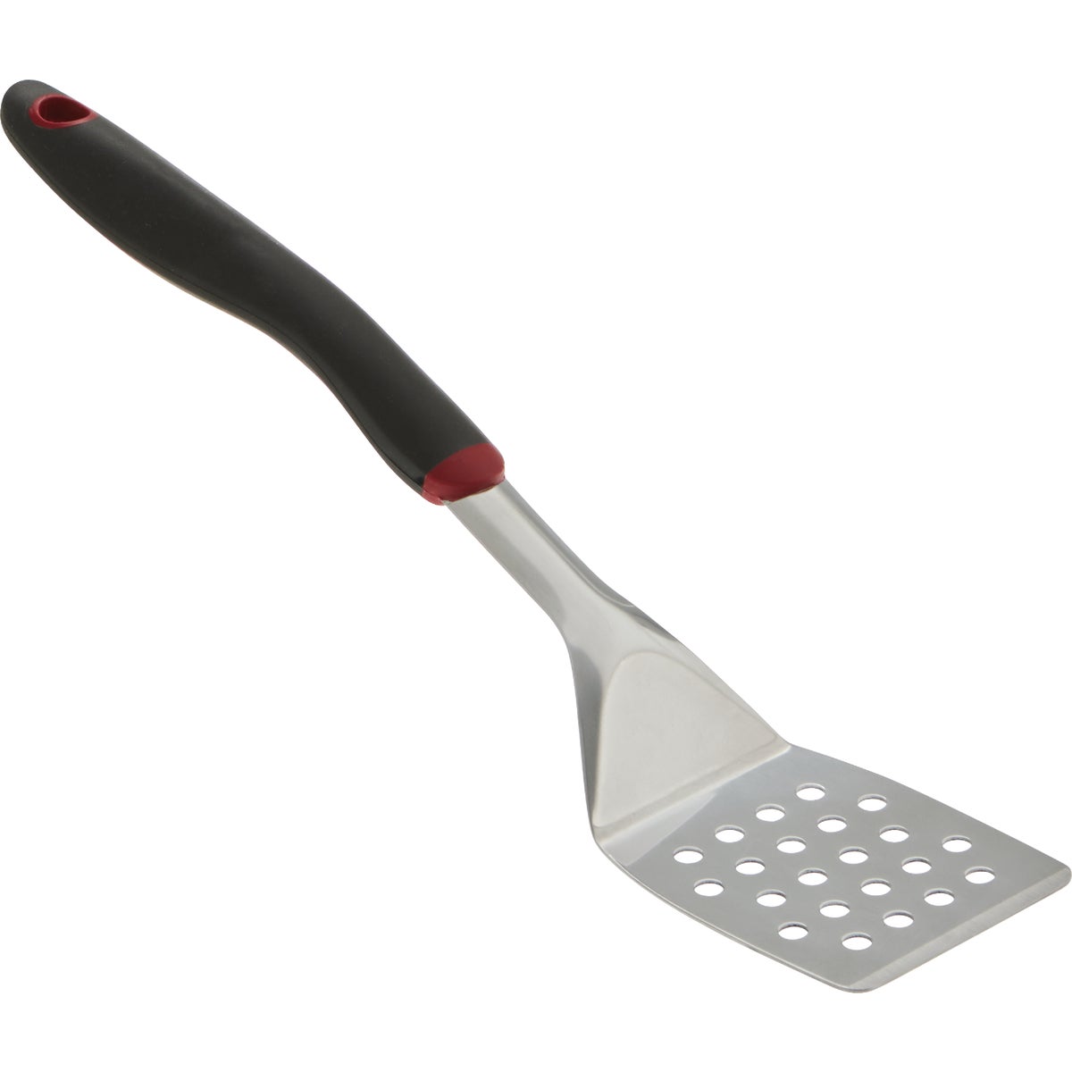 Item 800806, Polished stainless steel turner with an ergonomic soft grip handle.