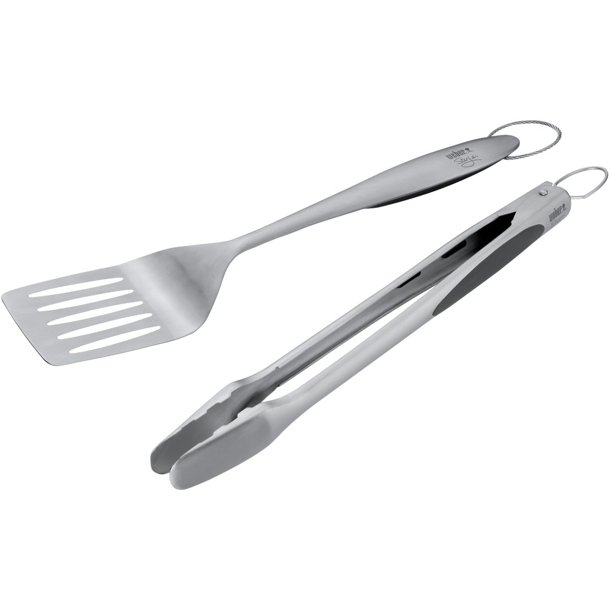 Item 800836, Weber style stainless steel barbeque tool set which includes 1 set of tongs
