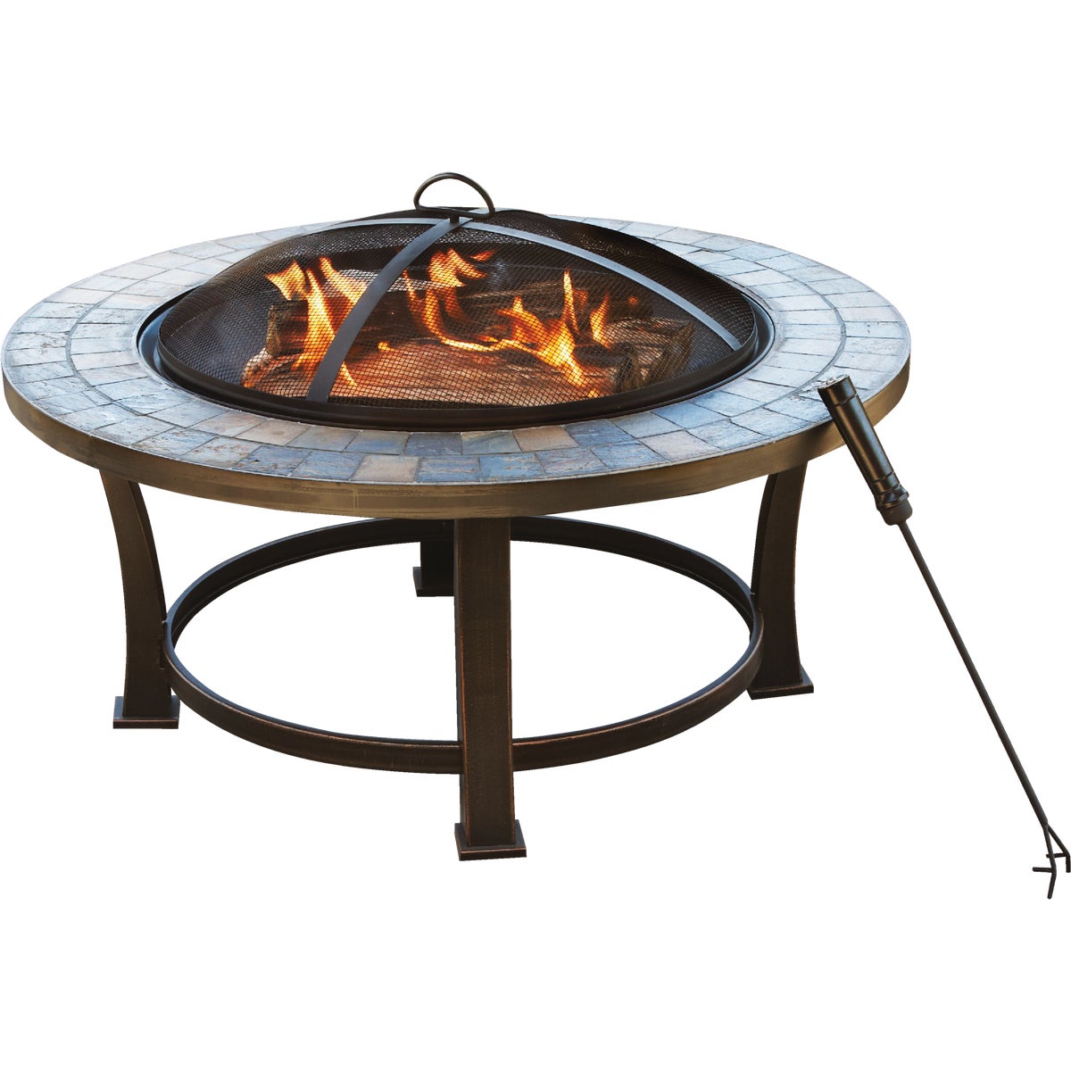 Item 800945, Slate top fire pit has a steel bowl and base.