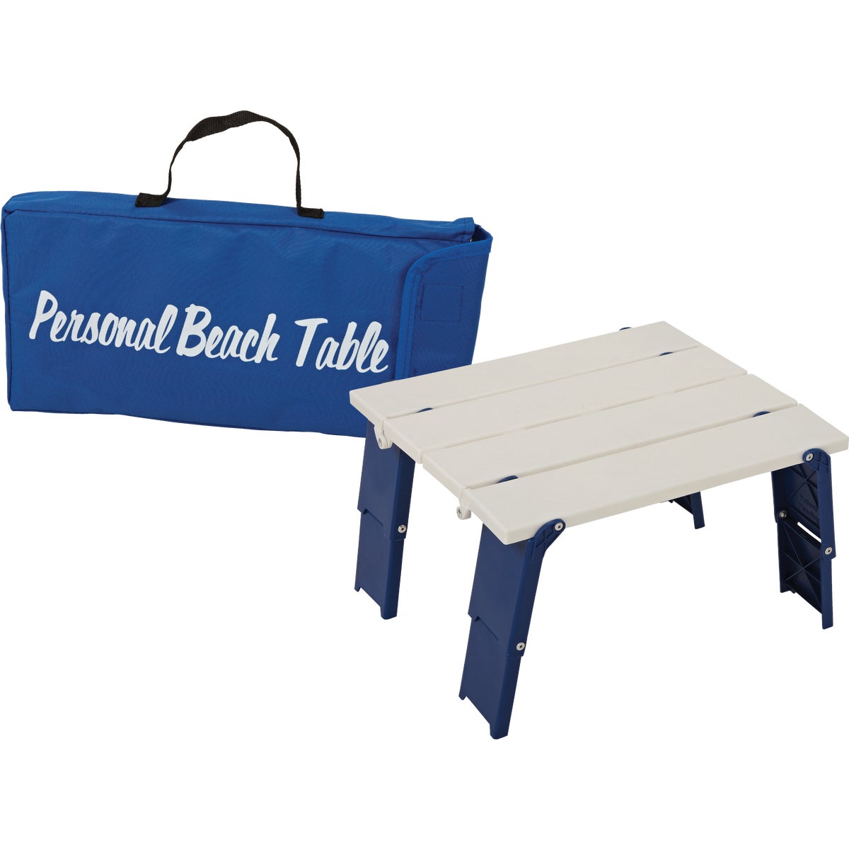 Item 801022, Compact personal beach table folds down for easy storage and transport.