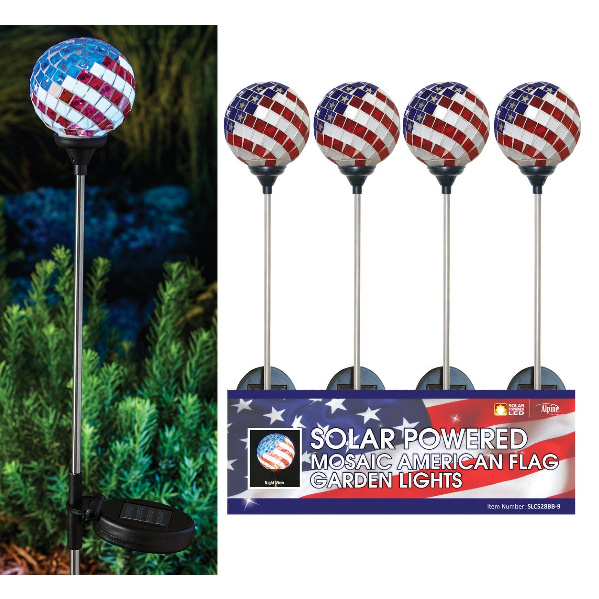 Item 801485, Red, white, and blue mosaic glass sphere on a metal stake with black 