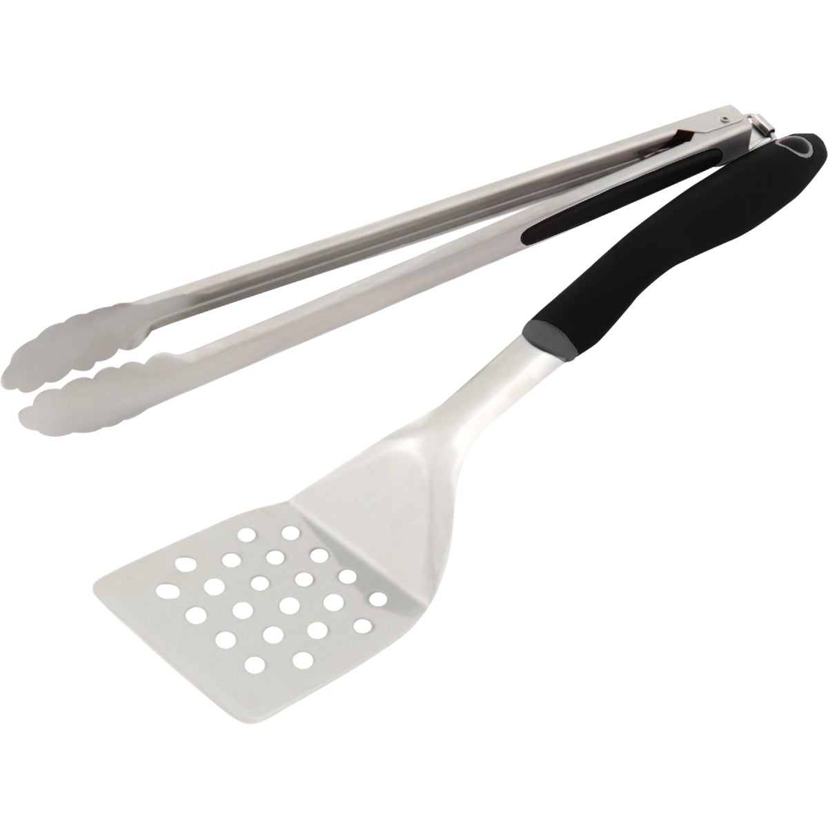 Item 801614, 2-piece set contains an ergonomic stainless steel turner with black handle 