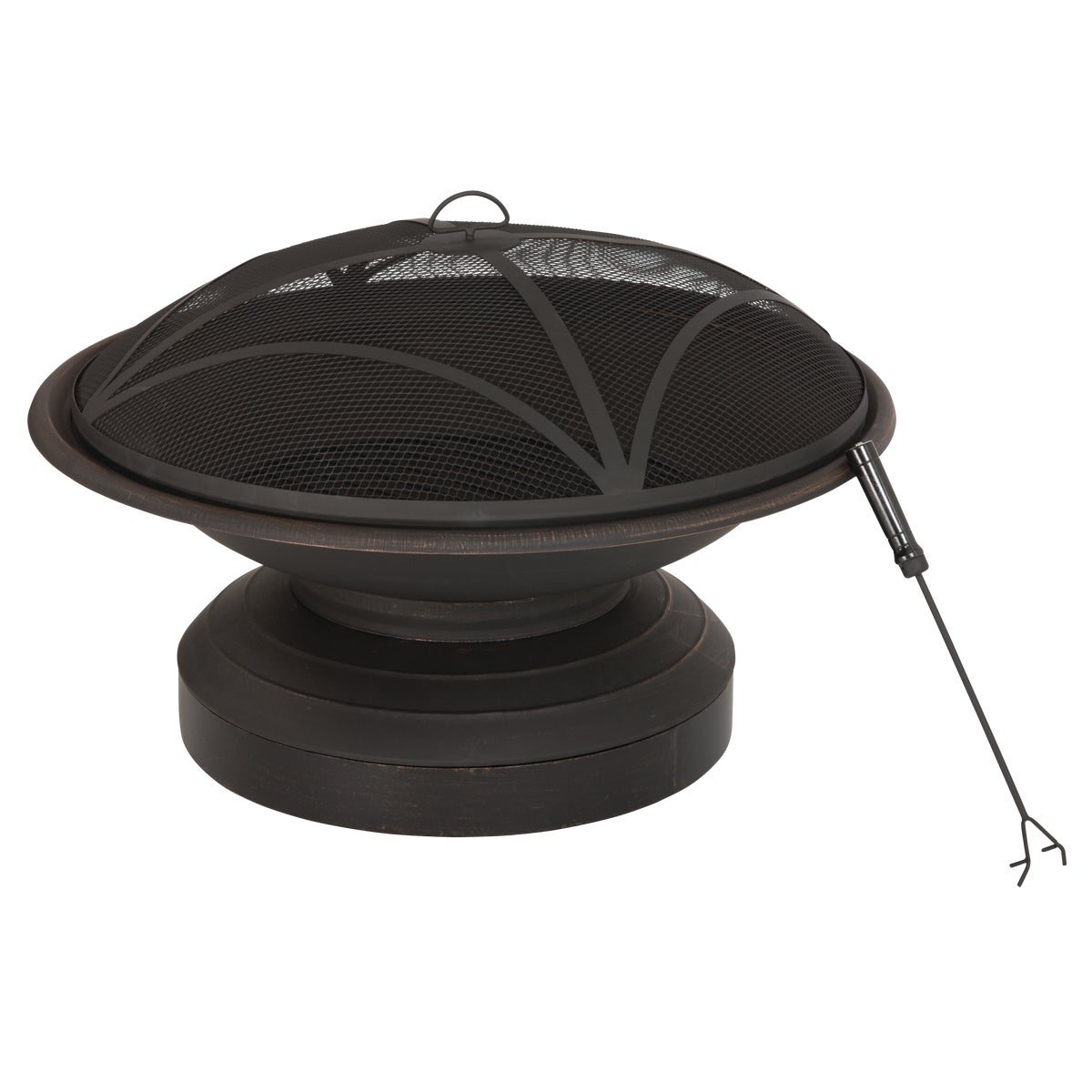 Item 801799, Steel pedestal fire pit with antique bronze finish.