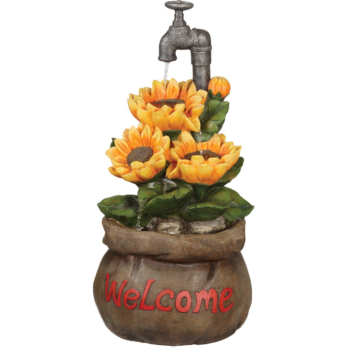 Item 802062, Durable outdoor fountain featuring a faucet pouring into a sack of 