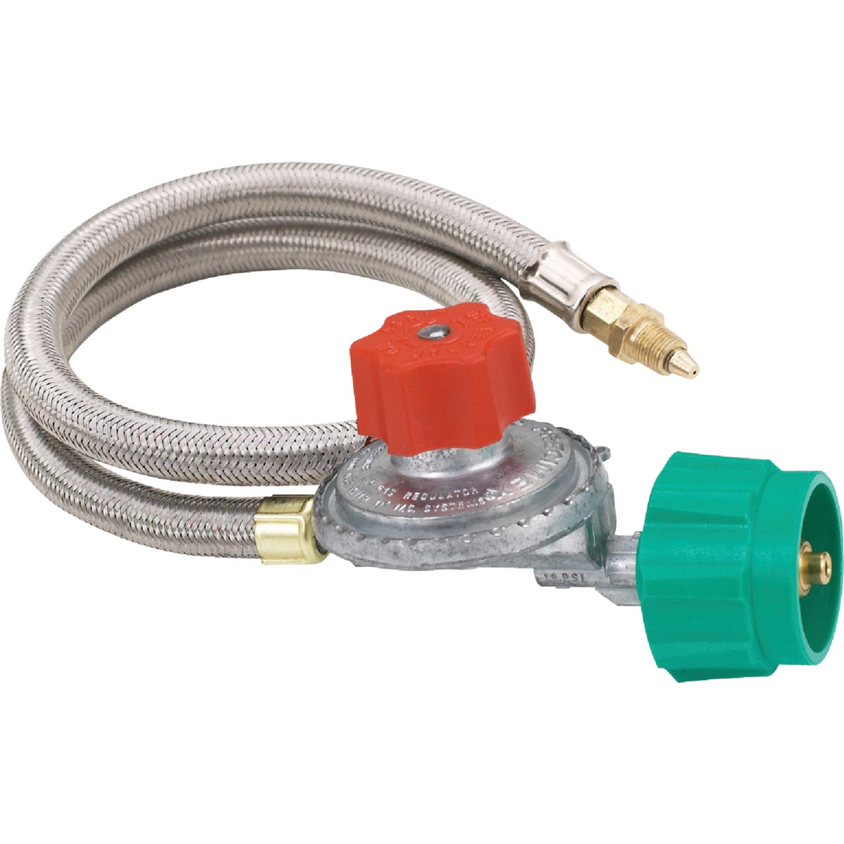 Item 803634, 3 Ft. stainless braided hose with 5 psi adjustable regulator. 1/8 In.