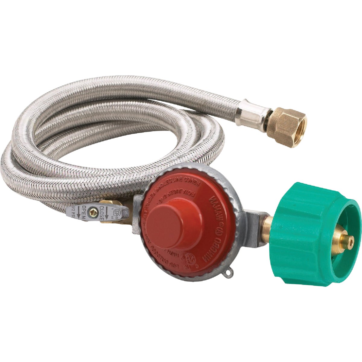 Item 803677, 4 Ft. stainless braided hose with 10 psi preset regulator.