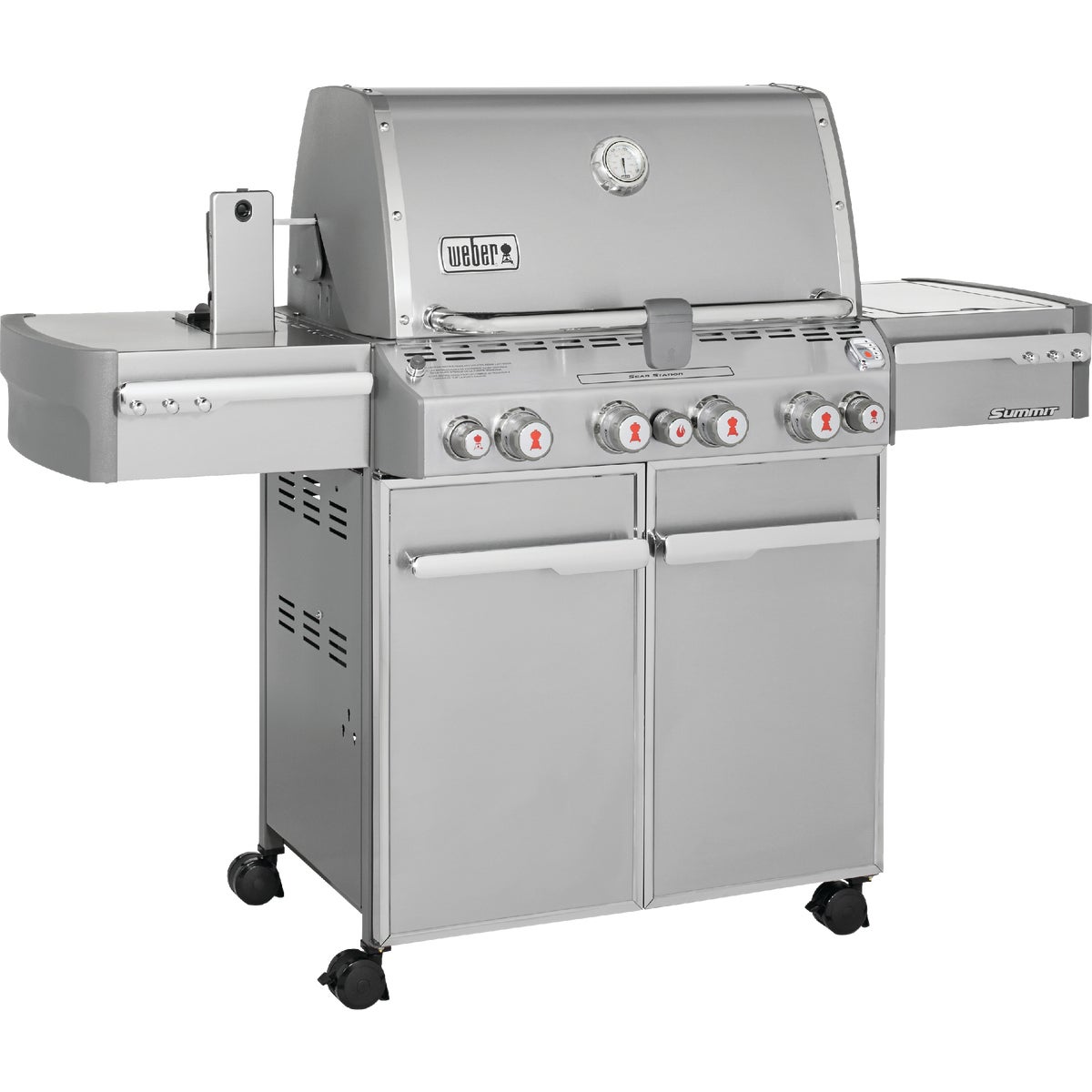 Item 806927, The Summit gas grill features a stainless steel enclosed cart with chrome-
