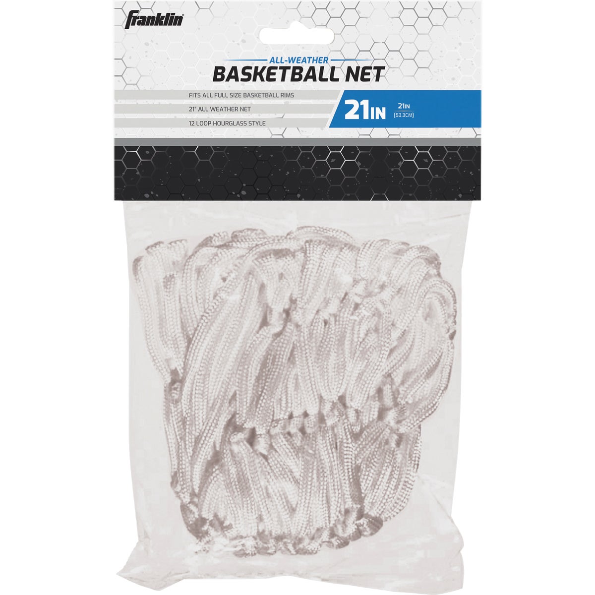 Item 809110, All weather 21-inch basketball net. 12-loop hourglass style.