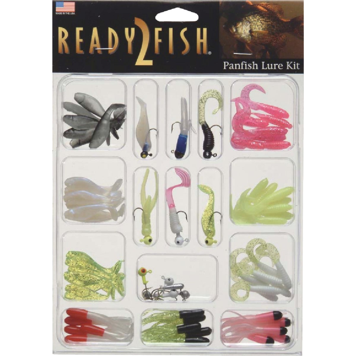 Item 811090, 72-piece, panfish kit with top catching assorted panfish lures.