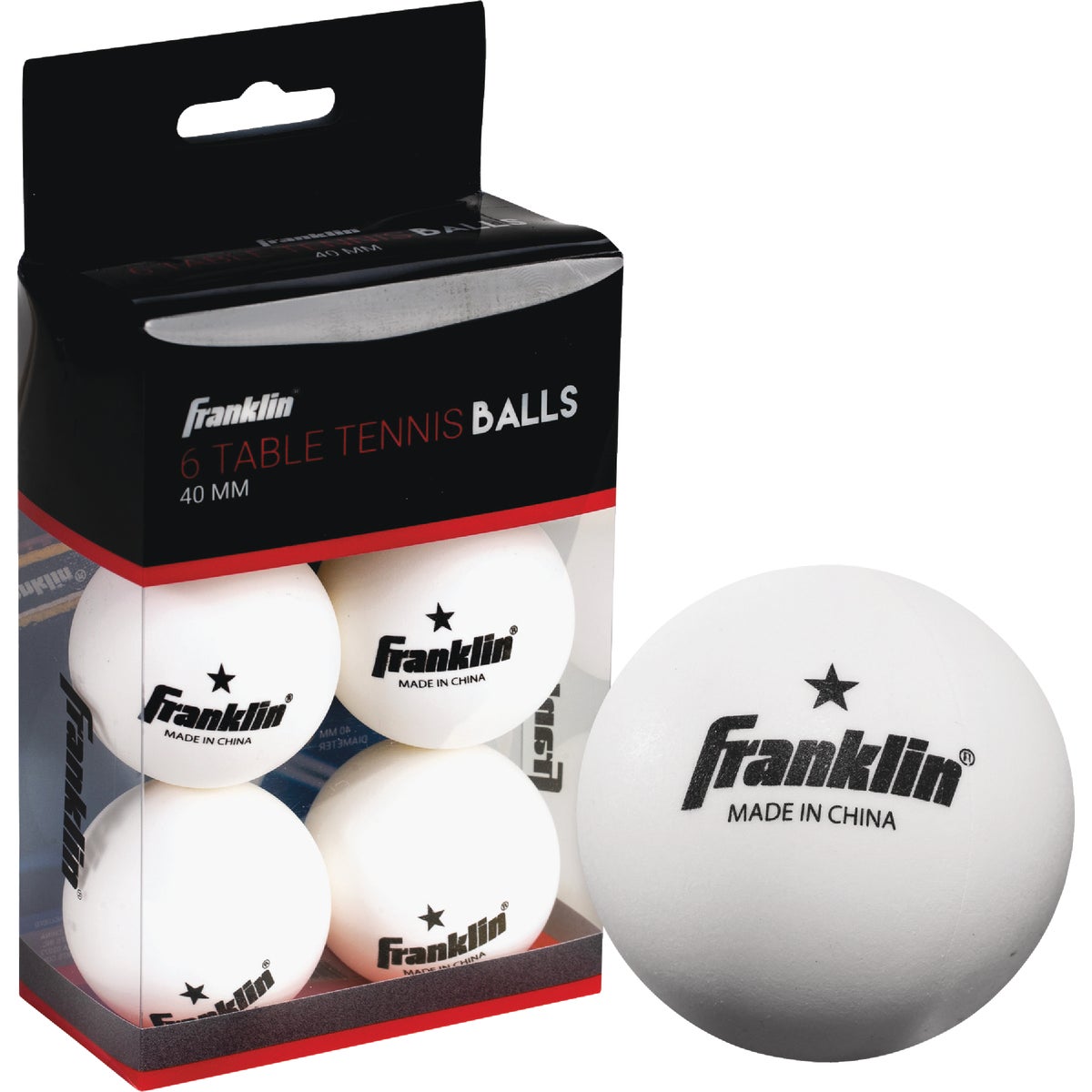 Item 814131, 6 durable tournament grade table tennis balls. Official 4 mm size.