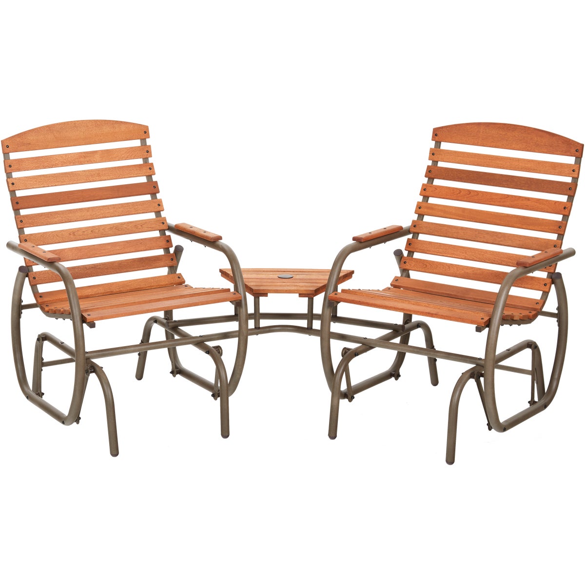 Item 817138, The tete-a-tete has 2 independent glider chairs connected by a common side 