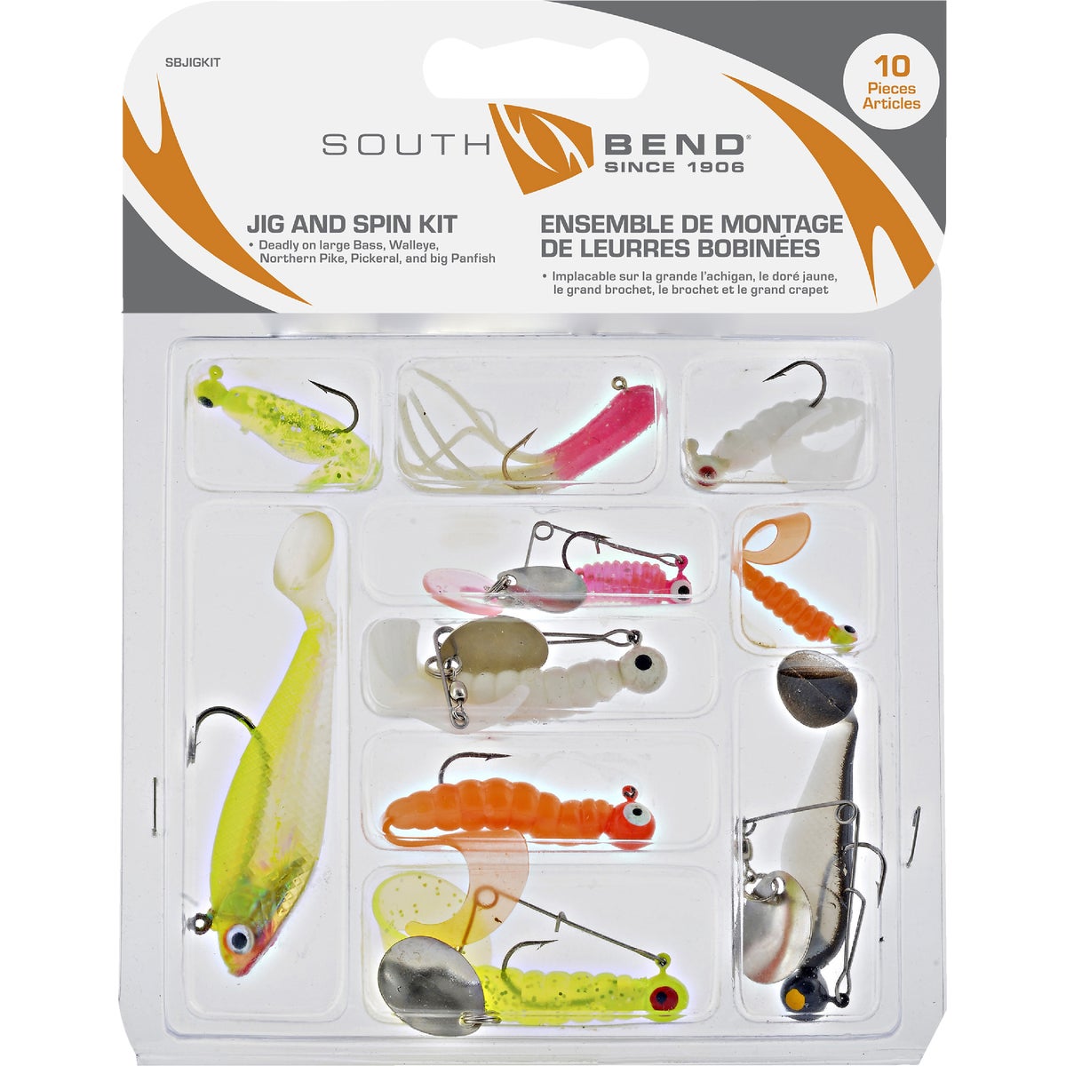 Item 833487, Kit consists of 10 assorted spin jigs, grub jigs, and shad jigs in popular 