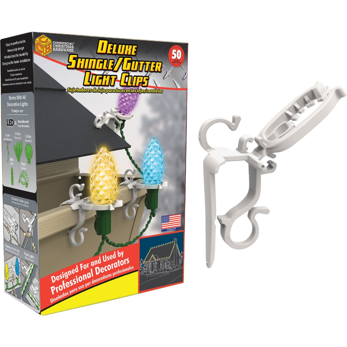 Item 900253, Deluxe clip-on light clips ideal for use on shingles and gutters.