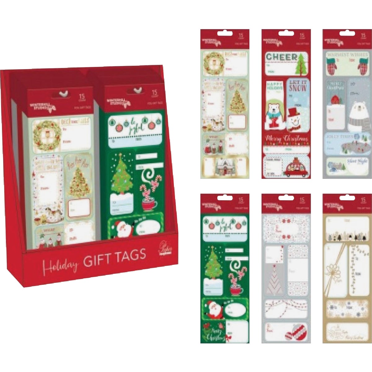 Item 900385, 15-count foil peel &amp; stick Christmas gift tags. 96 packs per PDQ.