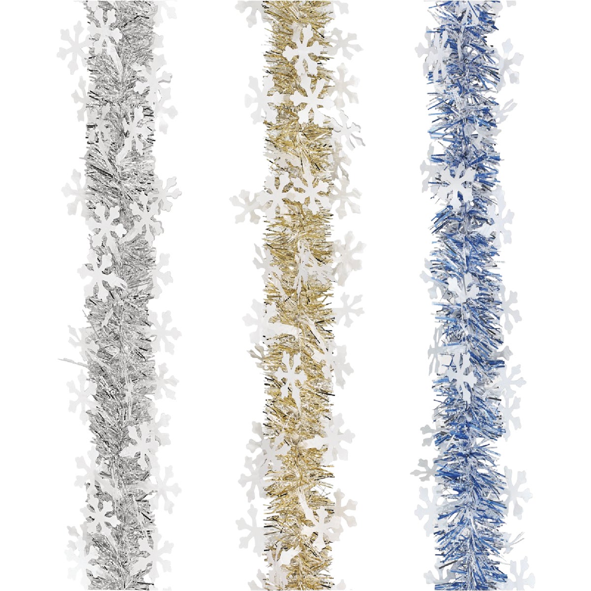 Item 904872, White snowflake garland. Measures 3.5 In. x 12 Ft.