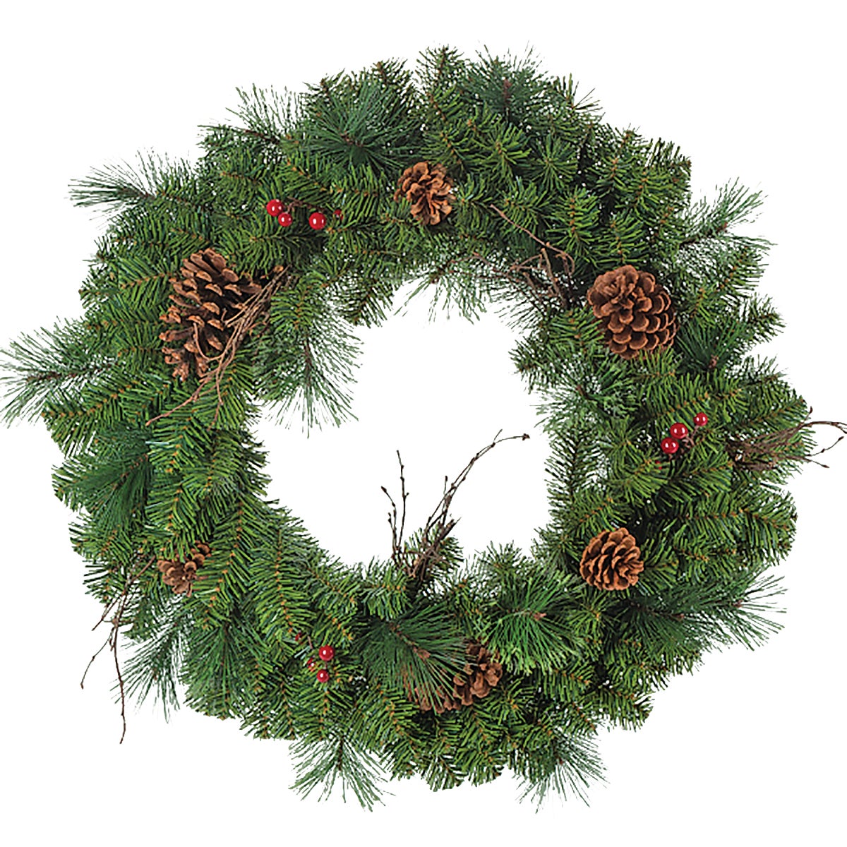 Item 954282, 30-inch mixed pine wreath. Features berries, cones, and twigs.
