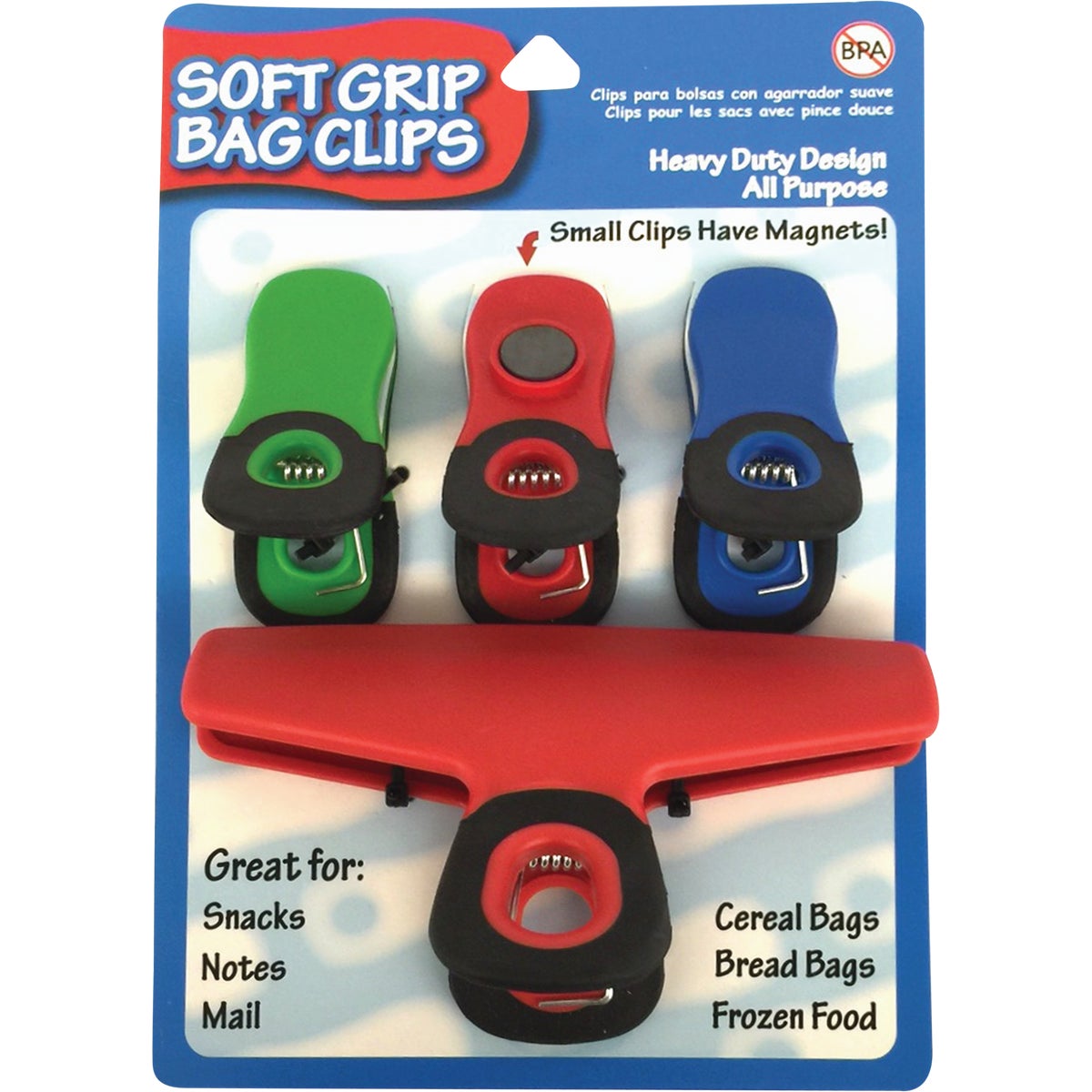 Item 970056, Assorted size, 4-count, soft grip bag clip set.