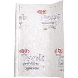 Item 100549, Dupont Tyvek DrainWrap house wrap is a vertically-grooved surface that 