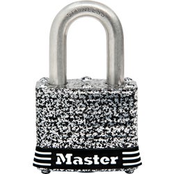 Item 200073, Laminated steel padlock features a laminated steel body design with a tough