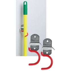 Item 210773, Red vinyl coated C-hook holds tool handle in place.