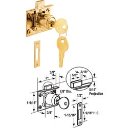 Item 233697, Drawer and cabinet lock with keeper; brass plated finish, fits up to a 7/8 
