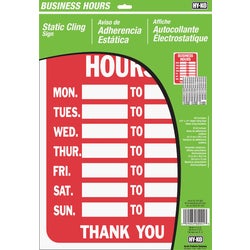Item 241633, Business hours static cling sign kit includes static cling sign and static 