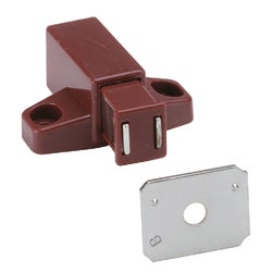 Item 244627, Brown single magnetic touch latch has durable acetal/steel construction.