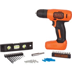Item 300304, The Black &amp; Decker 43-piece cordless drill project kit includes the 