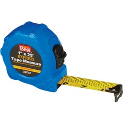 Item 300357, 1" x 25' blue tape measure with thumb operated tape lock.