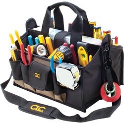 Item 320147, A contractor-grade open top tool bag with a center section dedicated for a 