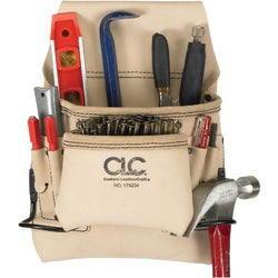 Item 375217, Our premium quality, heavy-duty leather nail and tool bag with 2 main 