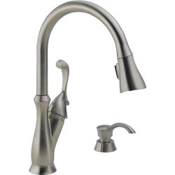 Item 401745, The Delta Arabella pull-down faucet features spout that swivels 360 deg (
