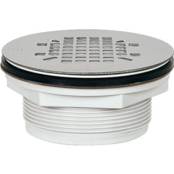 Item 403377, 2" PVC no-caulk shower drain with snap-in stainless steel strainer