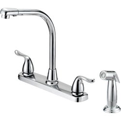 Item 404249, 2-handle kitchen faucet with chrome side sprayer. 4-hole installation.