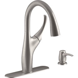 Item 404389, Mazz 2-hole pull-down kitchen faucet with soap/lotion dispenser.