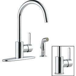Item 404439, Peerless chrome single handle kitchen faucet with matching sprayer.