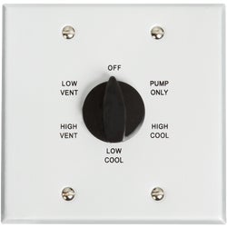 Item 411604, Two-speed, 6-position. Metal wall plate and black plastic knob.