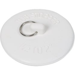 Item 415189, Fits-all white rubber tub stopper with nickel-plated brass ring.
