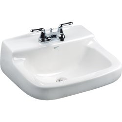 Item 426571, Wall mount white lavatory sink with 4 In. faucet centers.